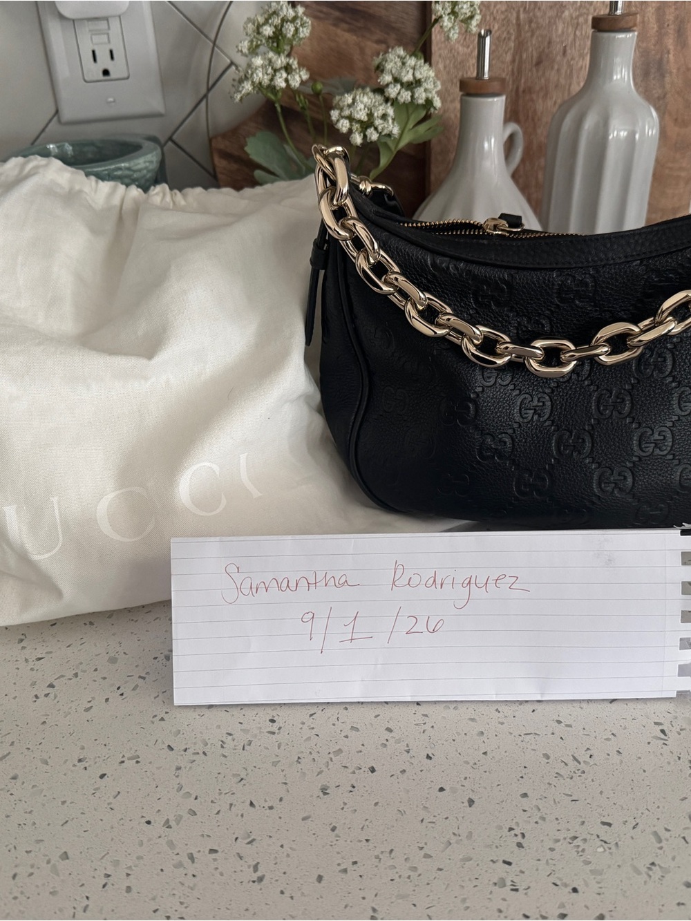 Gucci Black Shoulder Bag with Gold Chain